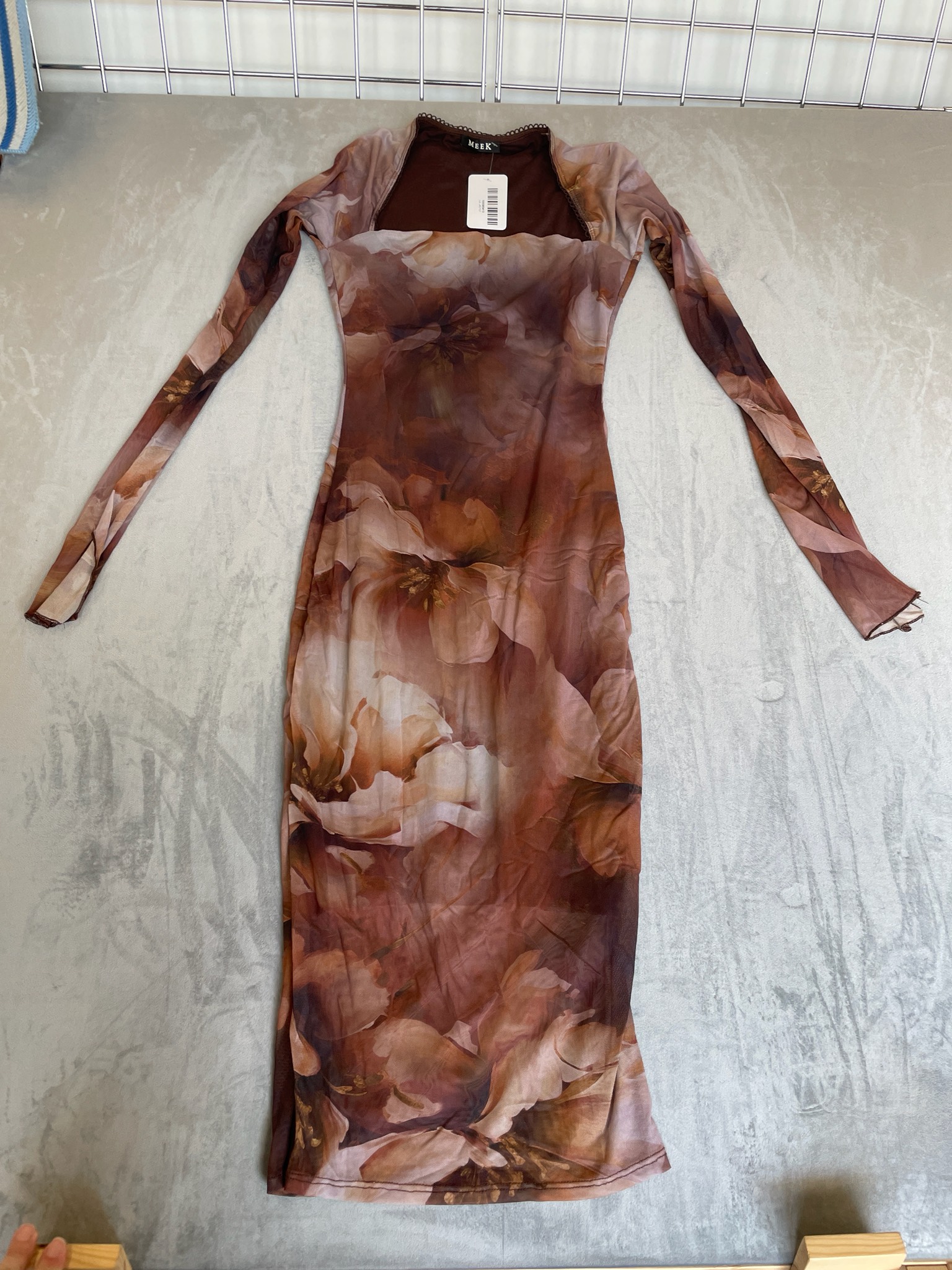 MEEK Brown Floral Sheer Mesh Dress