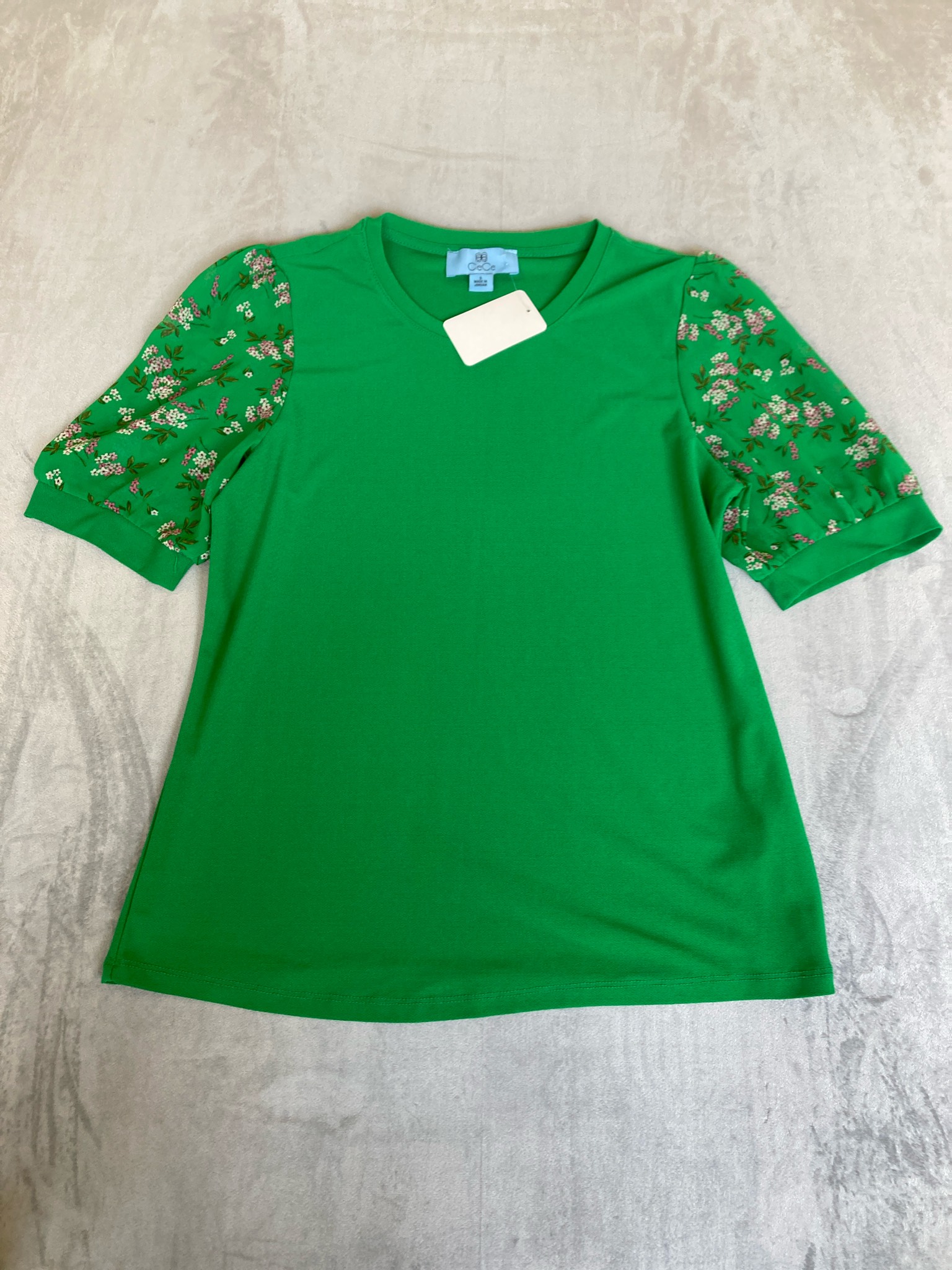 CeCe Green Floral Knit Short Sleeve Top Size S