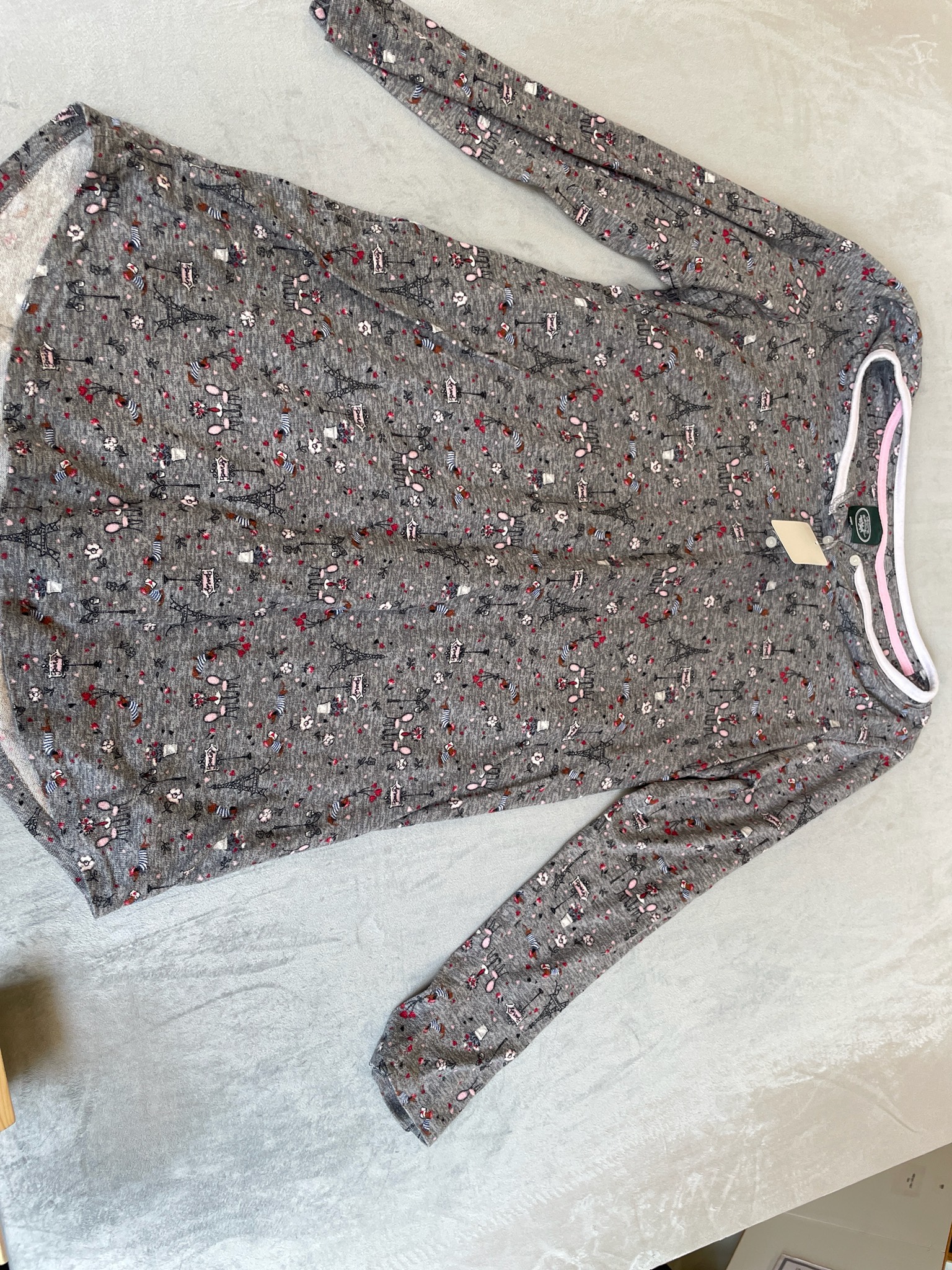 Laura Ashley Heather Gray Paris Print Knit Long Sleeve Top Size L