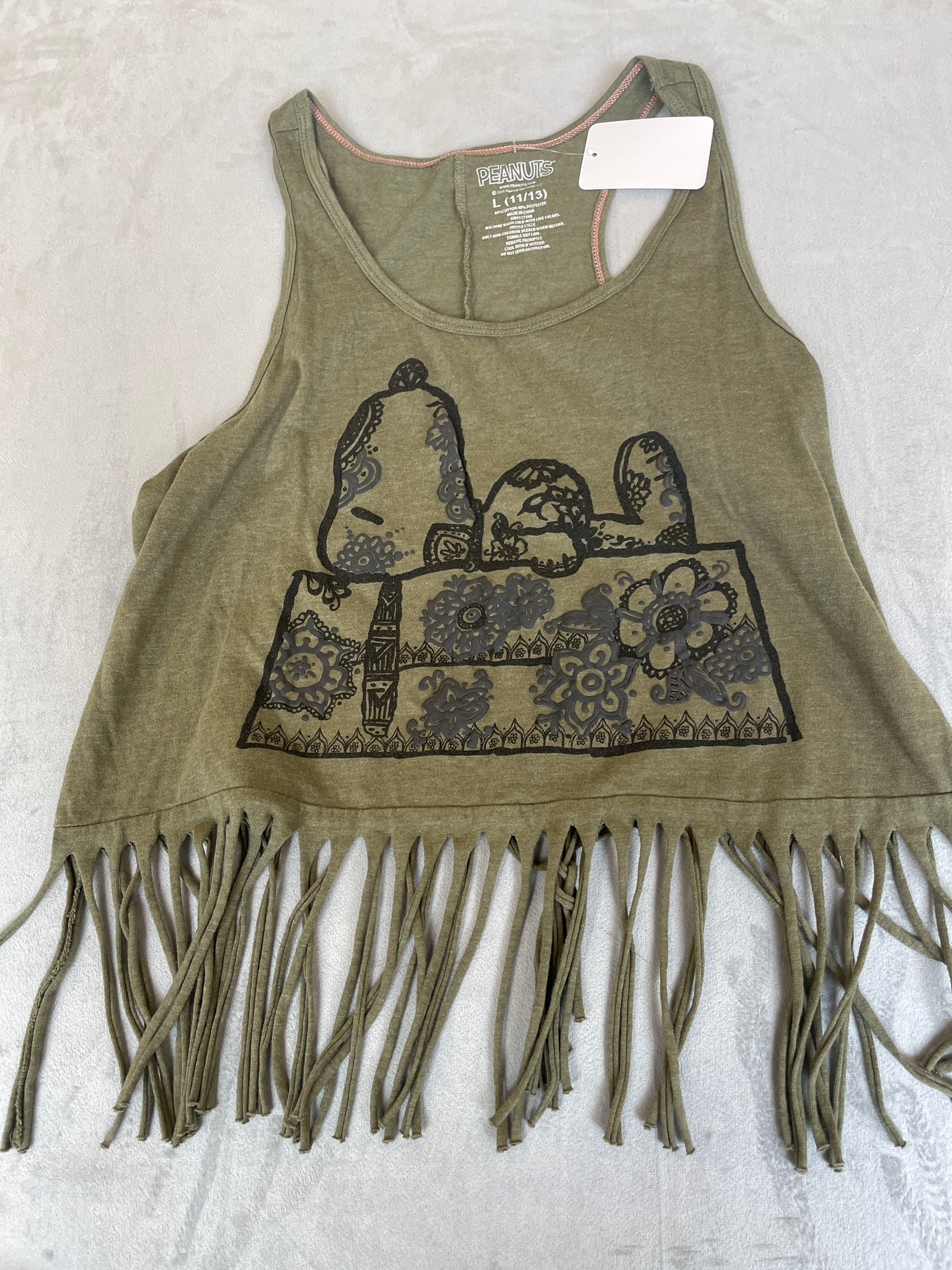 Peanuts Olive Green Cotton-Blend Tank Top Size L (11/13)