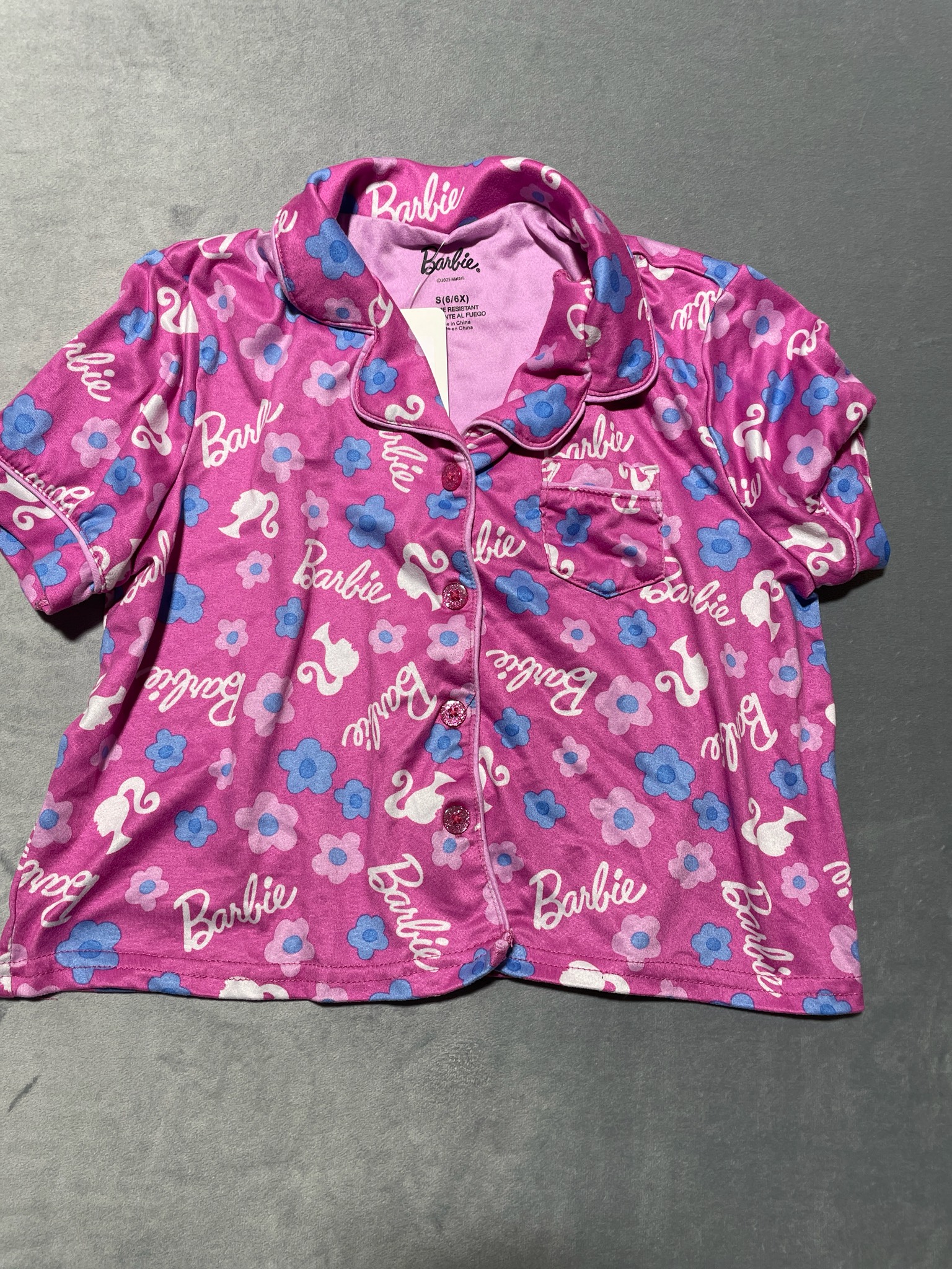 Barbie Pink Graphic Polyester-Spandex Pajama Top Size S (6/6X)