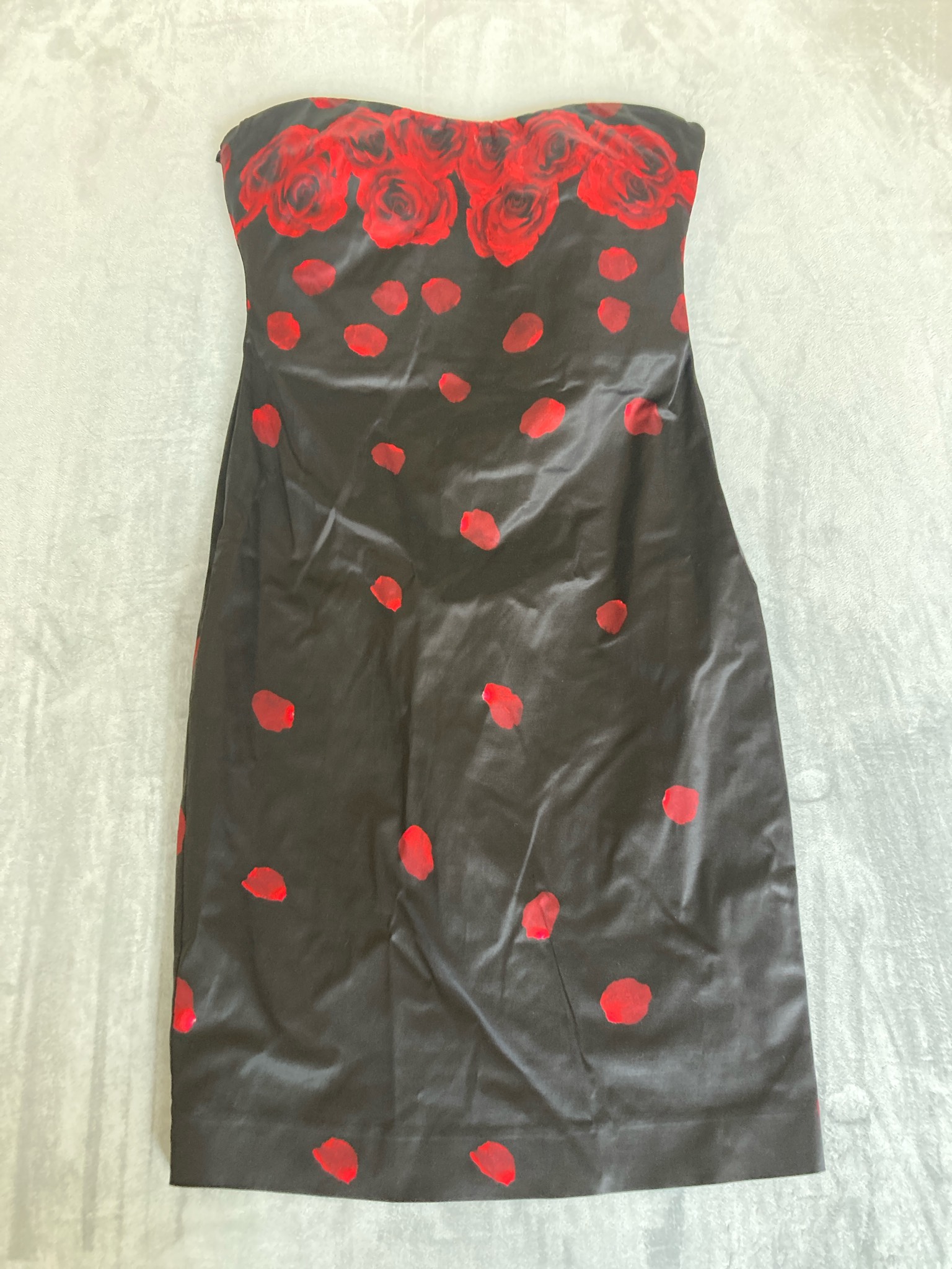Black Red Rose Print Cotton Blend Strapless Dress