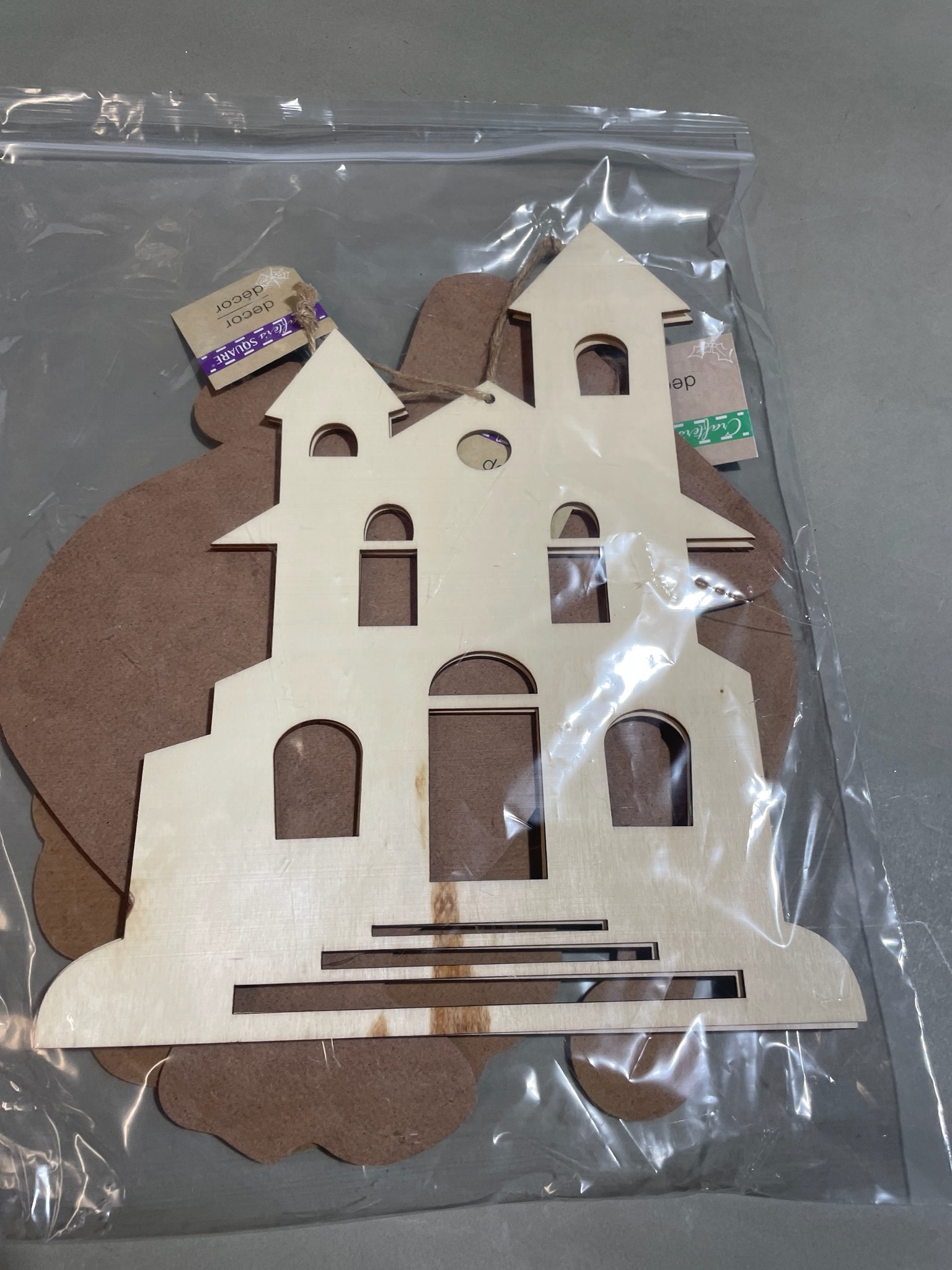 Natural Wood Laser-Cut Haunted House Wall Hanging