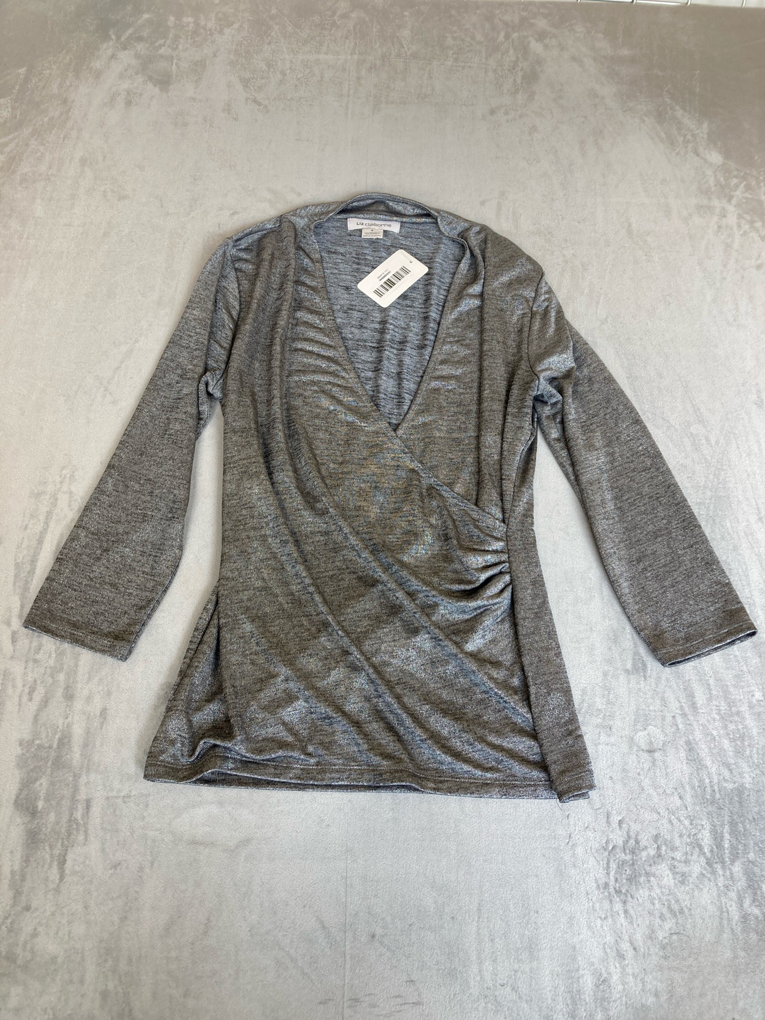 Liz Claiborne Dark Gray Metallic Knit Wrap Top Size S