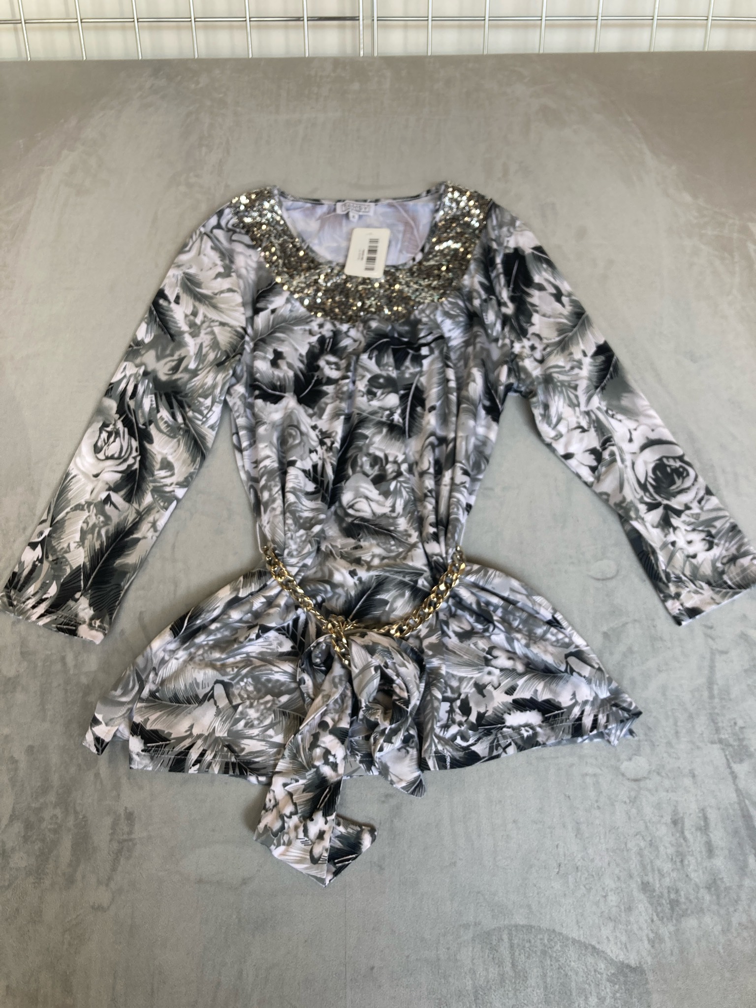 TAMSY Black White Gray Floral Long Sleeve Dress Size XL