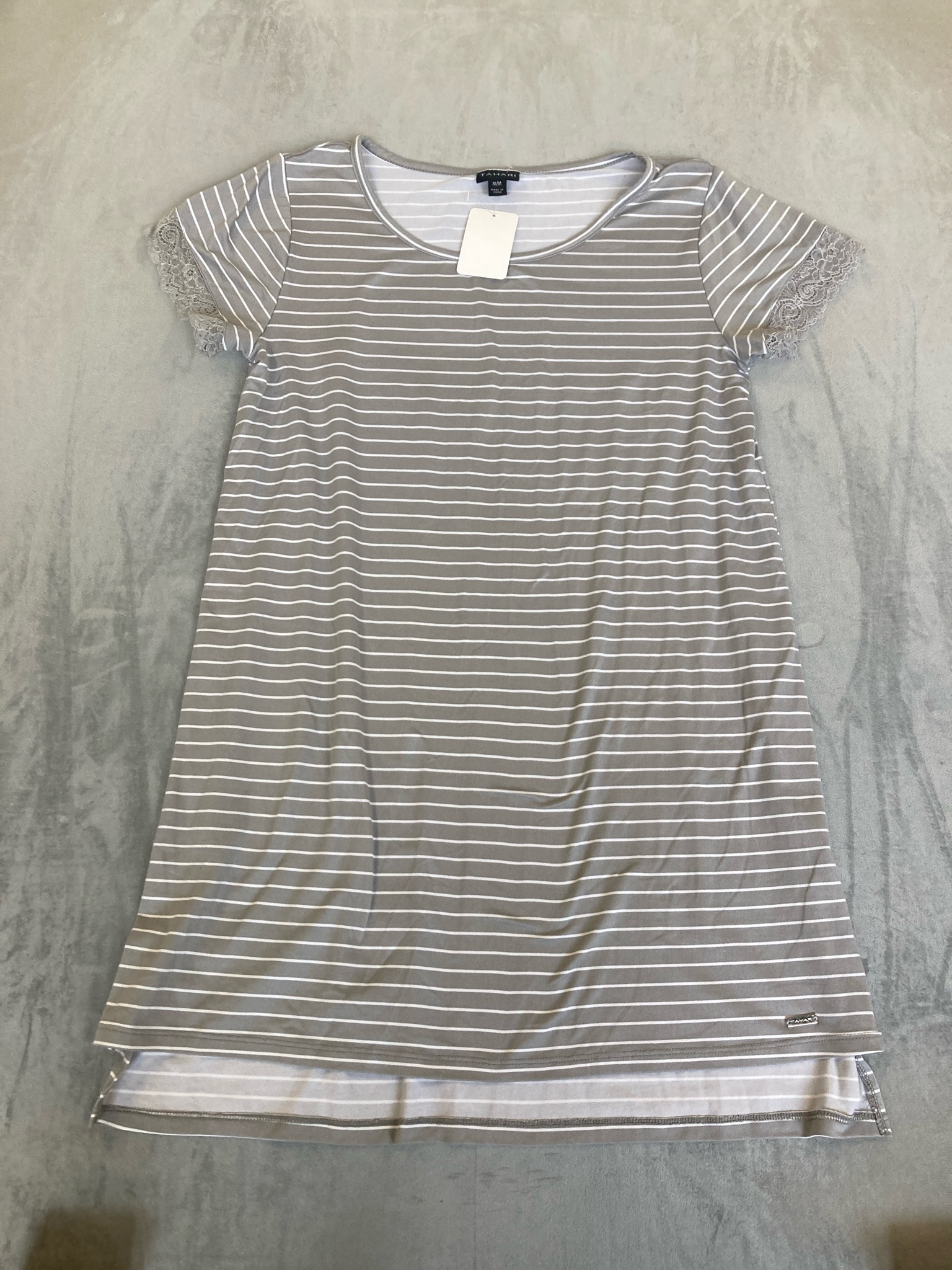 Tahari Taupe Gray Striped Tunic Top Size Medium