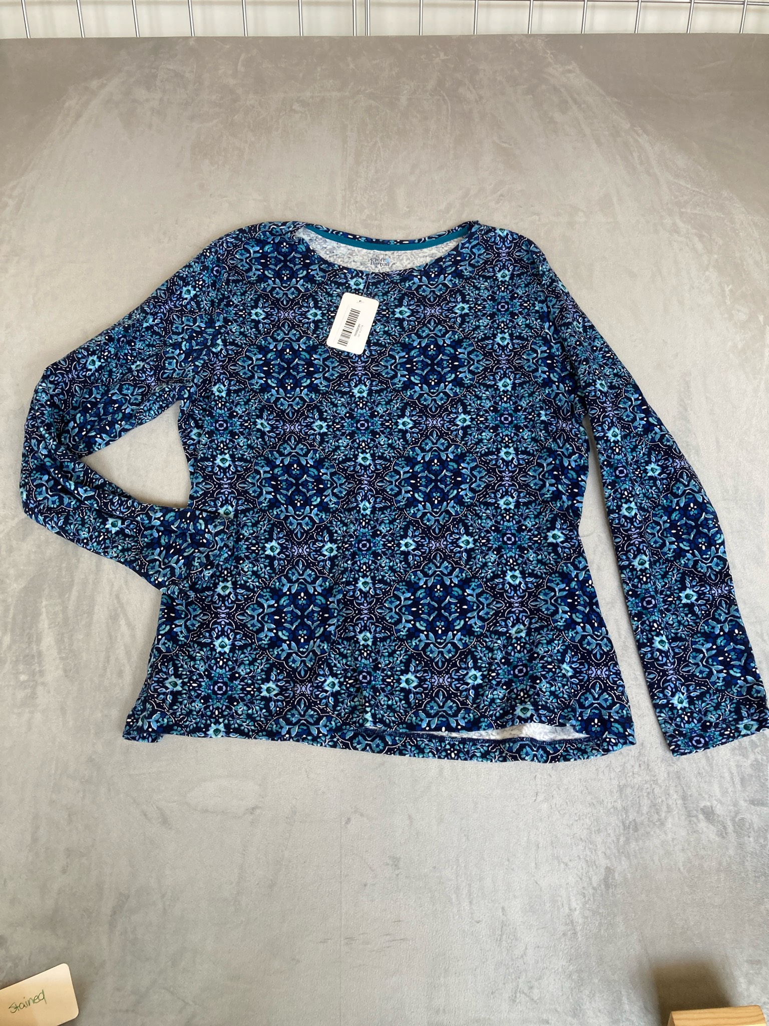 Croft & Barrow Blue Teal Black Patterned Long Sleeve Top Size Large
