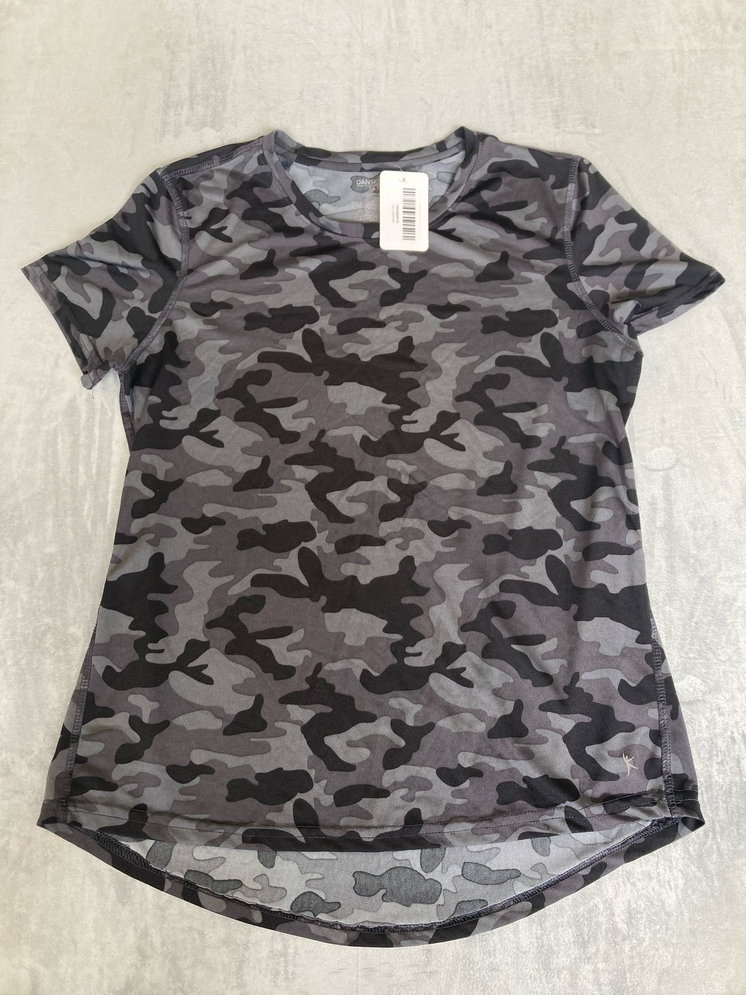 Danskin Grey Black Camouflage Lightweight Knit Short-Sleeve Top