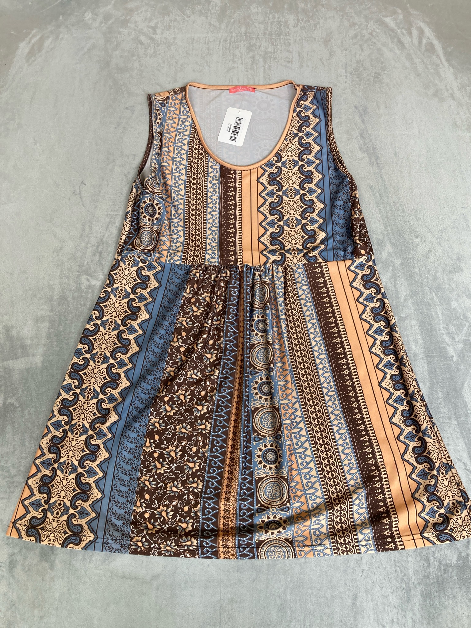 Simply Aster Blue Tan Brown Boho Print Lightweight Dress