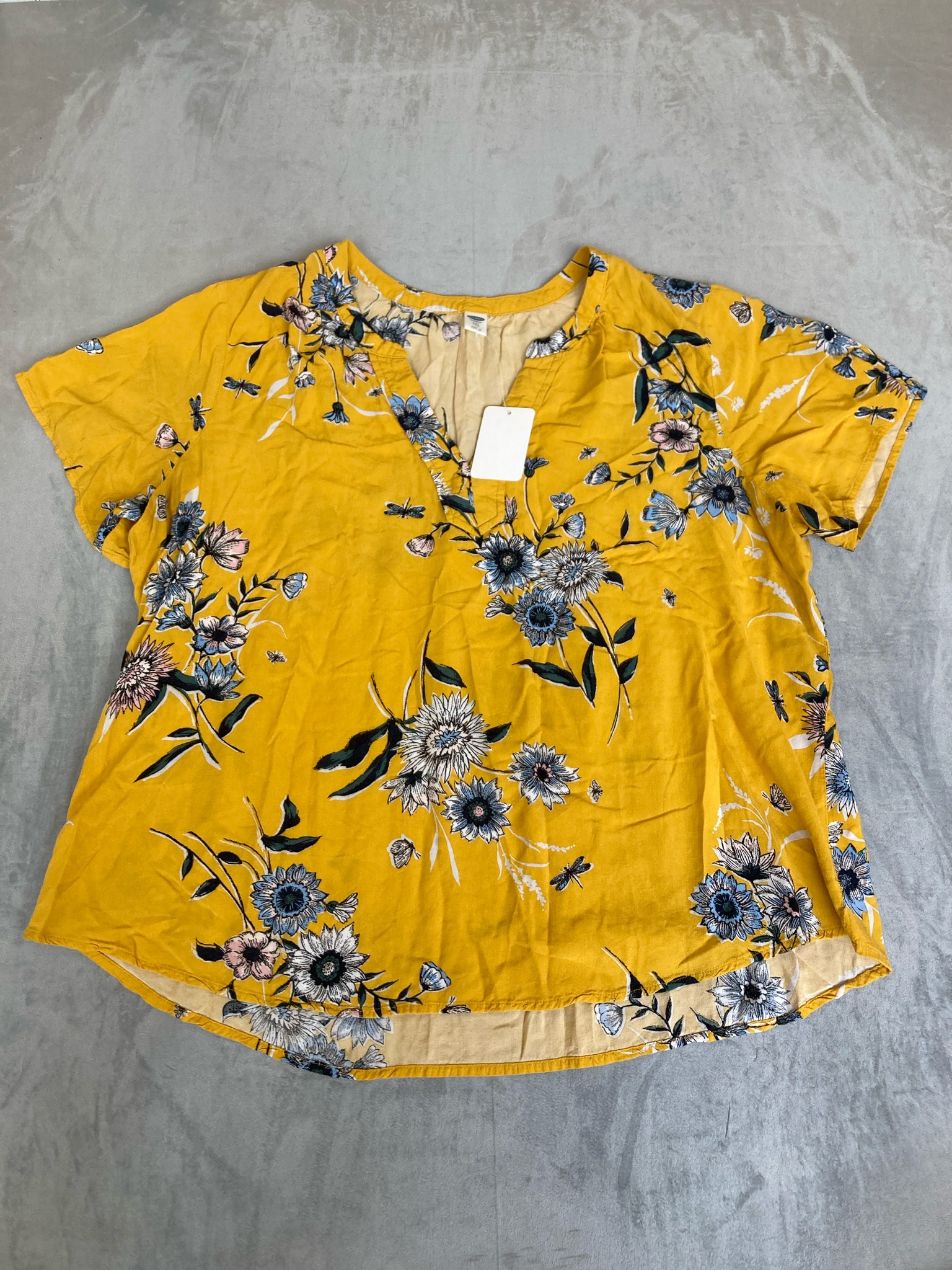 Old Navy Mustard Yellow Floral Short Sleeve Blouse Size XXL