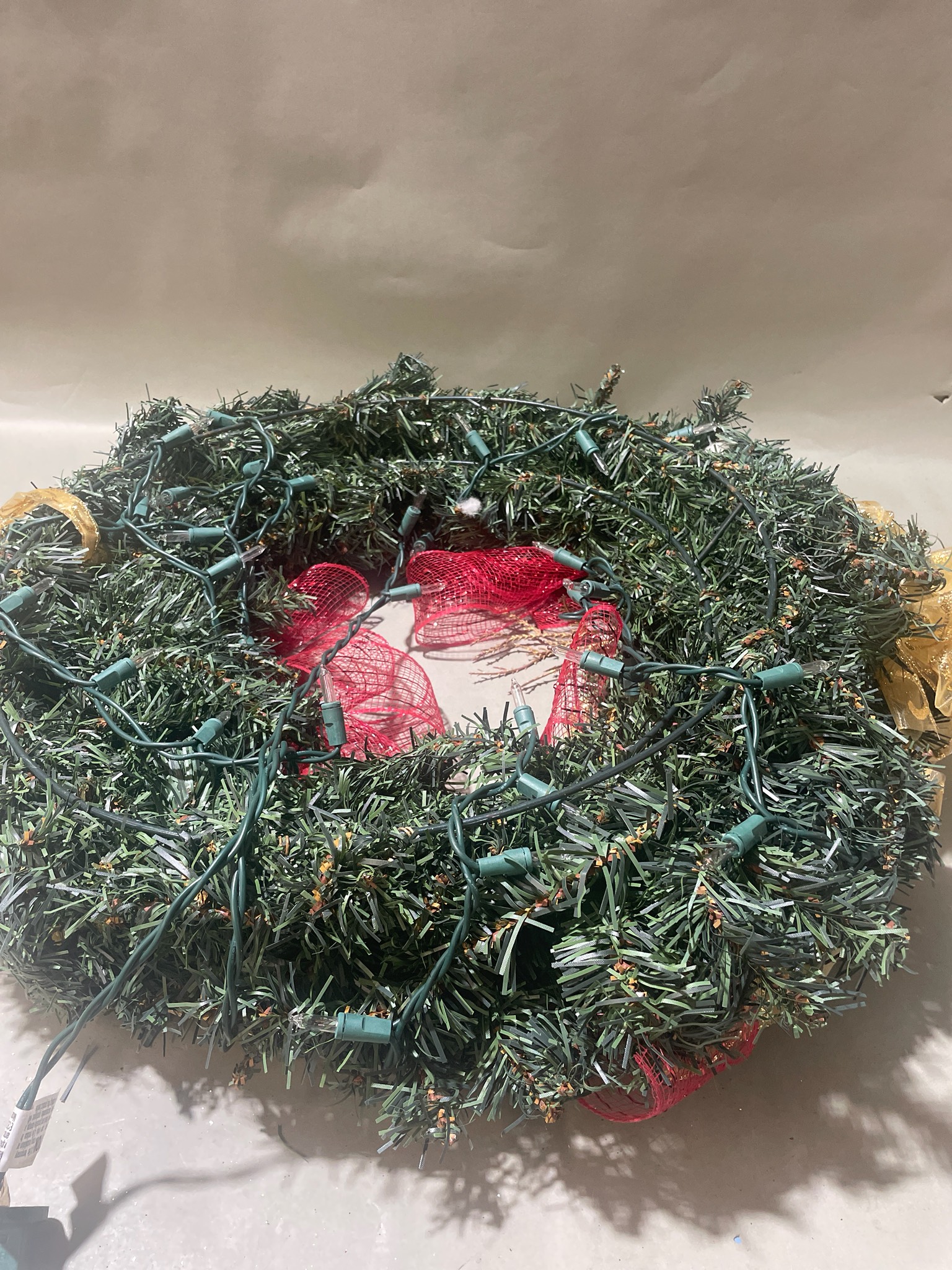 Green Red and Gold Lighted Christmas Wreath