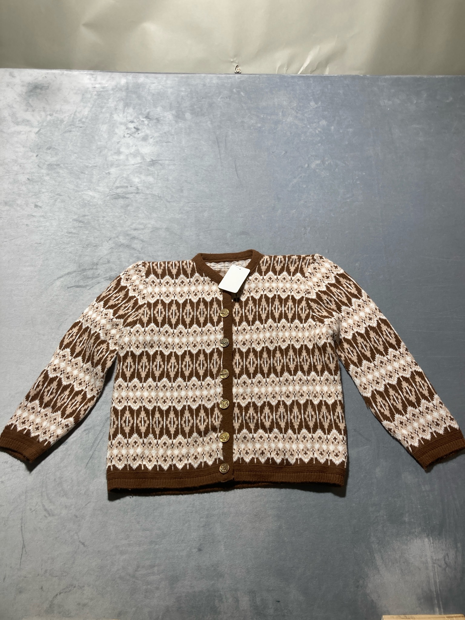 Brown Cream Geometric Knit Cardigan