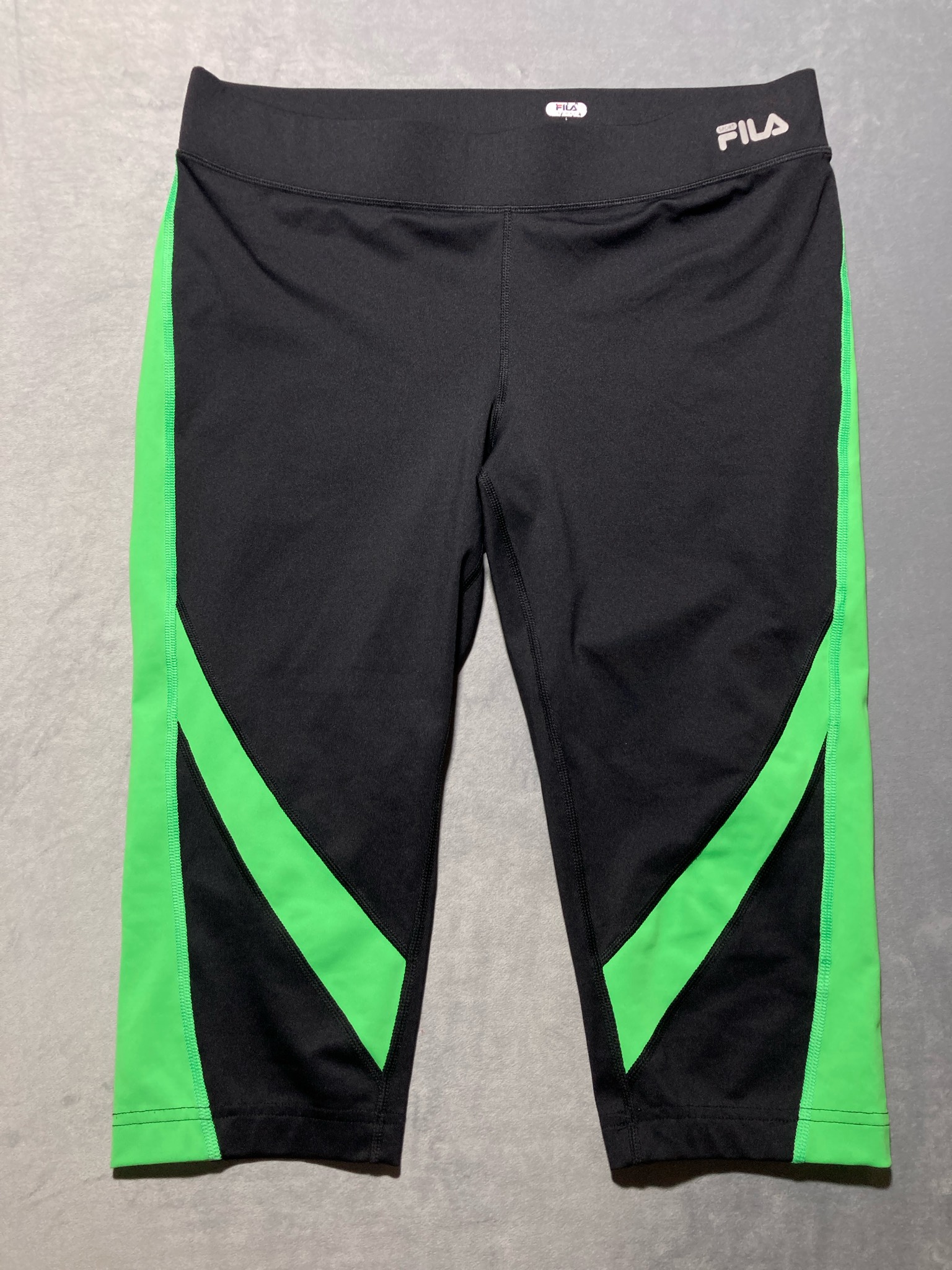 Fila Black Neon Green Colorblock Polyester-Spandex Capri Leggings Size L