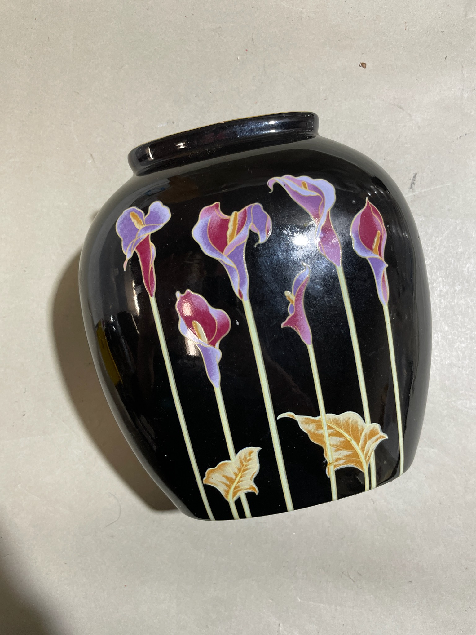 Black Glossy Floral Ceramic Vase