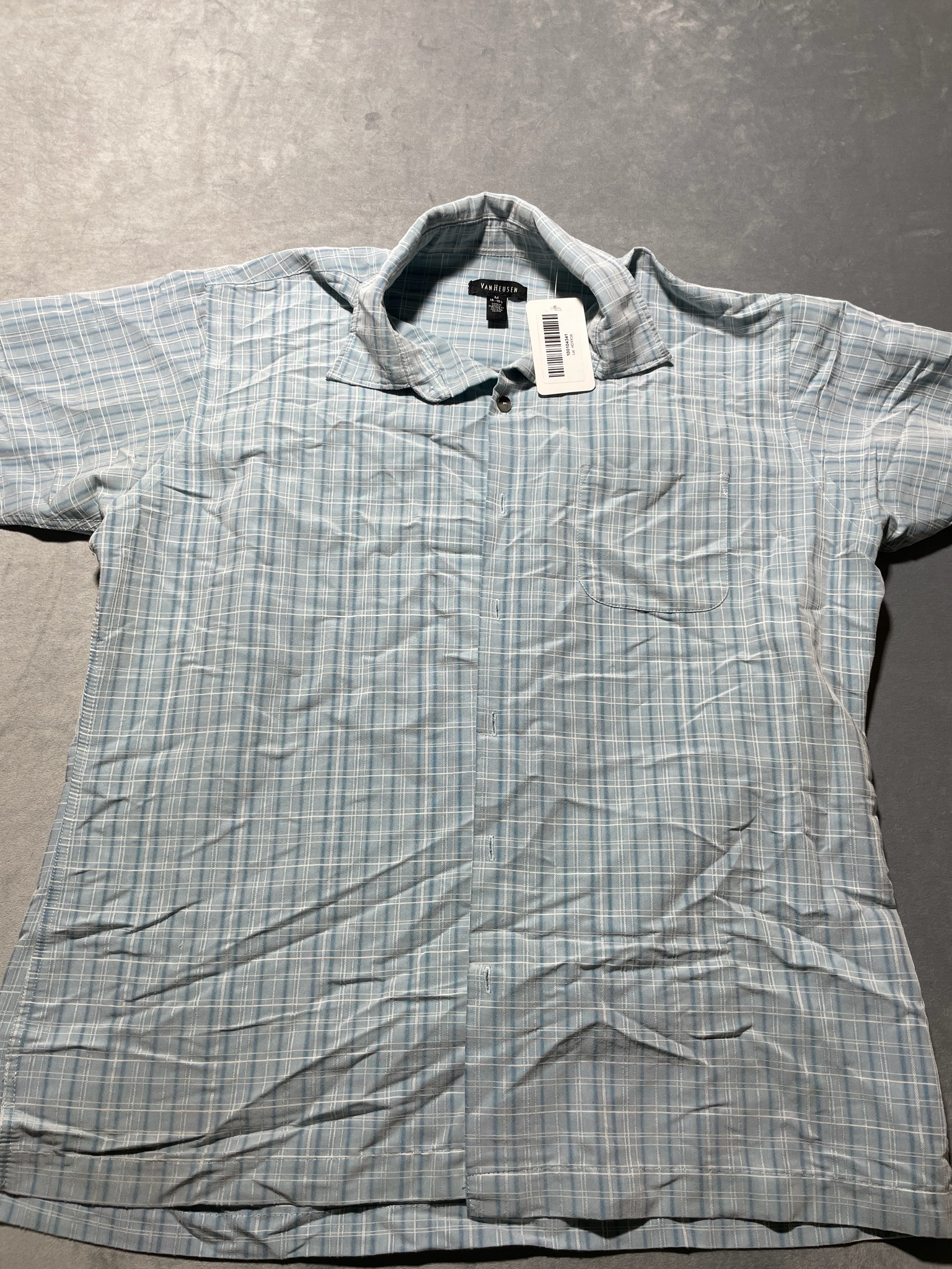 Van Heusen Blue Gray White Plaid Rayon Polyester Shirt Size M