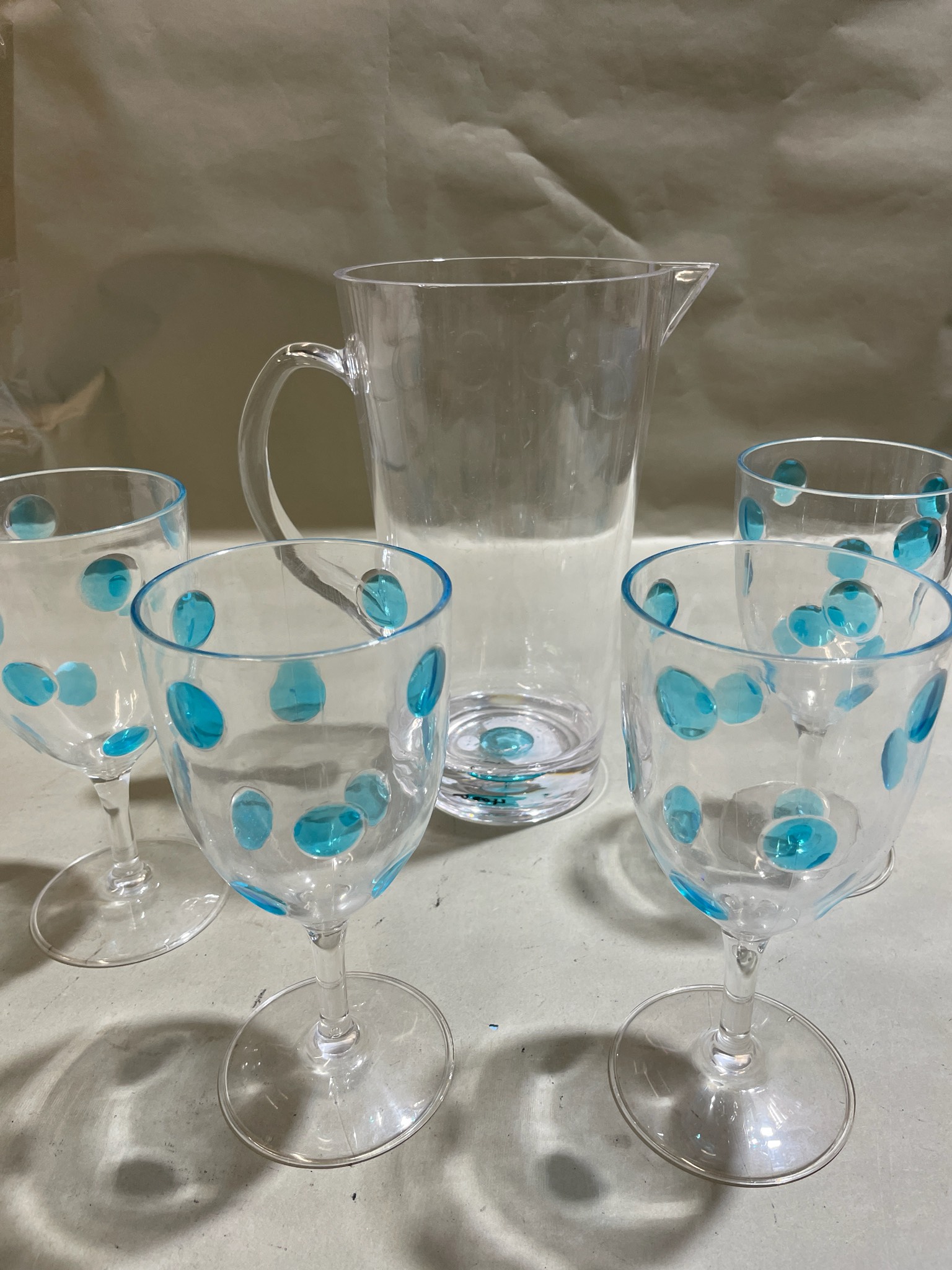 Clear Turquoise Polka Dot Pitcher and Stem Glass Set