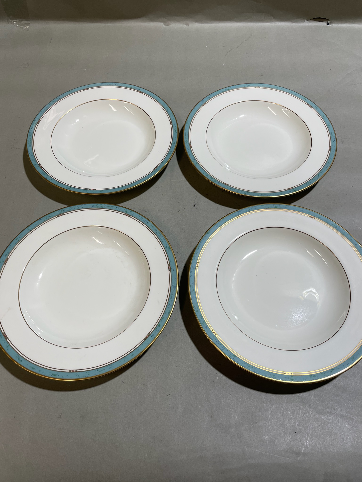 Pfaltzgraff White Teal and Gold Rim Set of Four Dishes