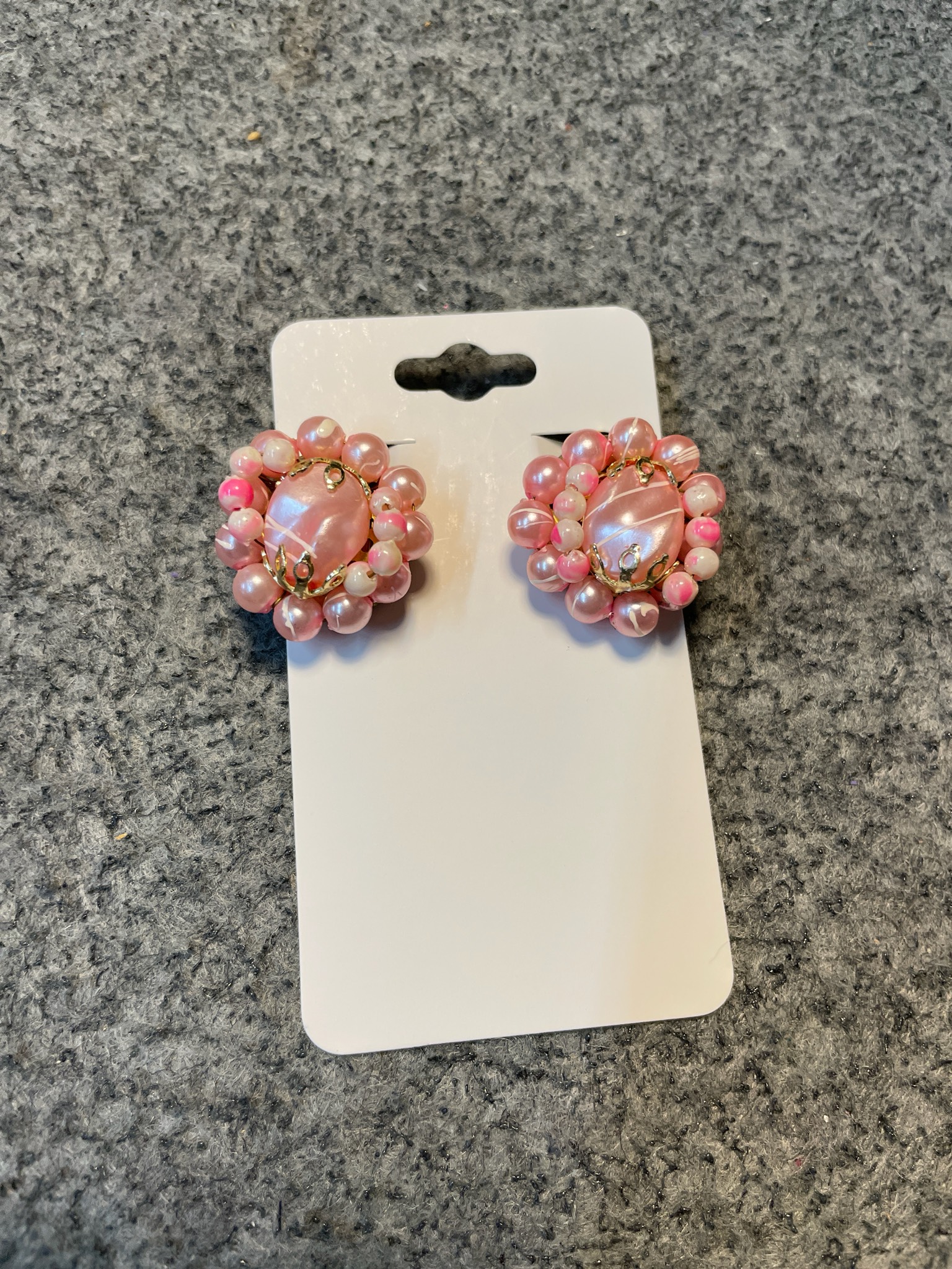 Vintage Hong Kong Pink Beaded Cluster Clip-On Earrings
