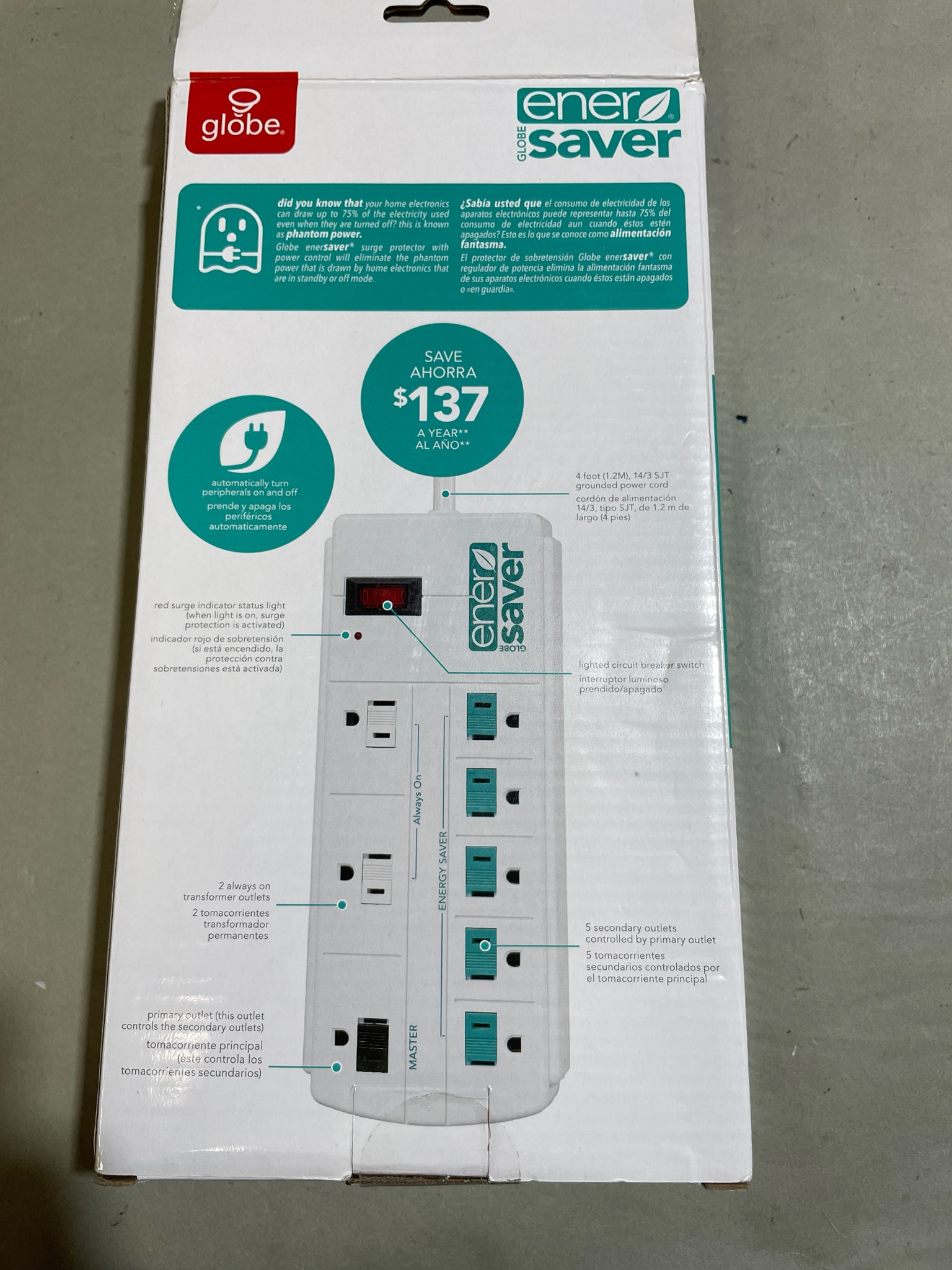Globe White Teal 8-Outlet Surge Protector Power Strip Size 4' cord