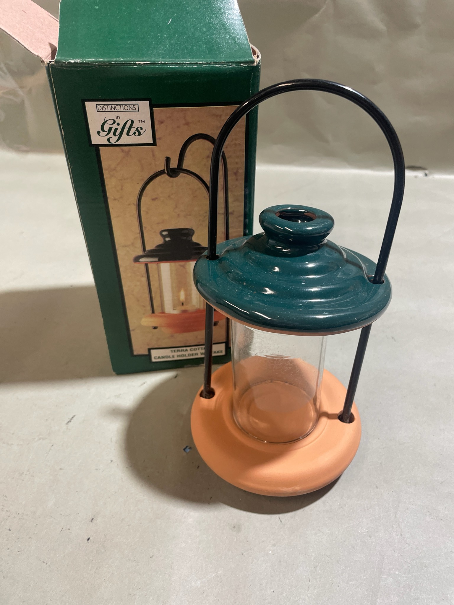 Colonial Williamsburg Teal Peach Glass Lantern Candle Holder