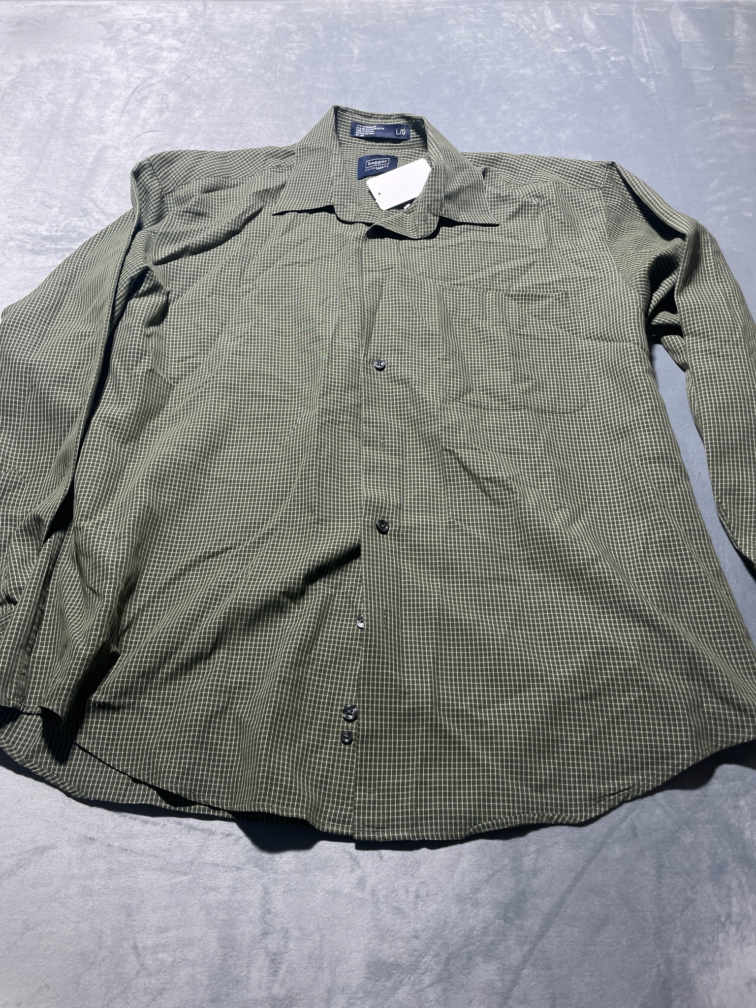 Haggar Olive Green Check Rayon Blend Long Sleeve Shirt Size Large