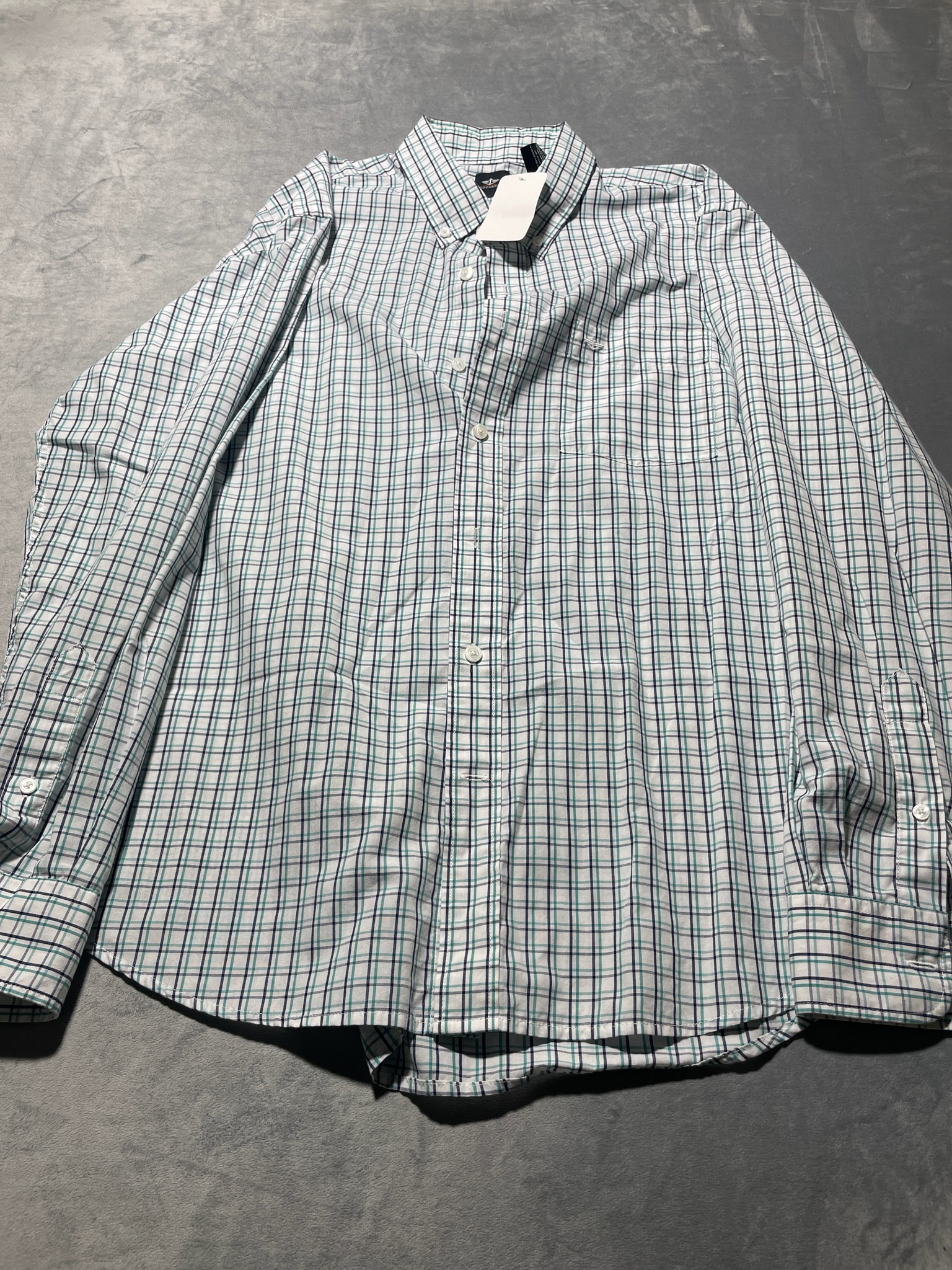 Dockers White Navy Teal Plaid Cotton Blend Button-Down Shirt Size L/G