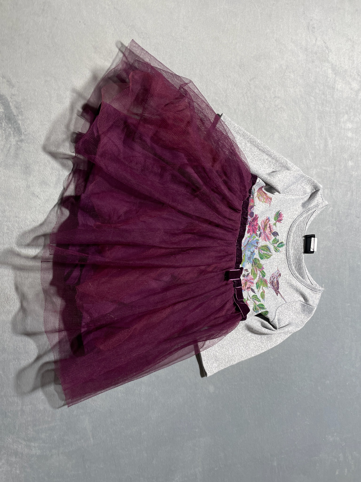 Pink Violet Gray Floral Knit Bodice Dress with Plum Tulle Skirt