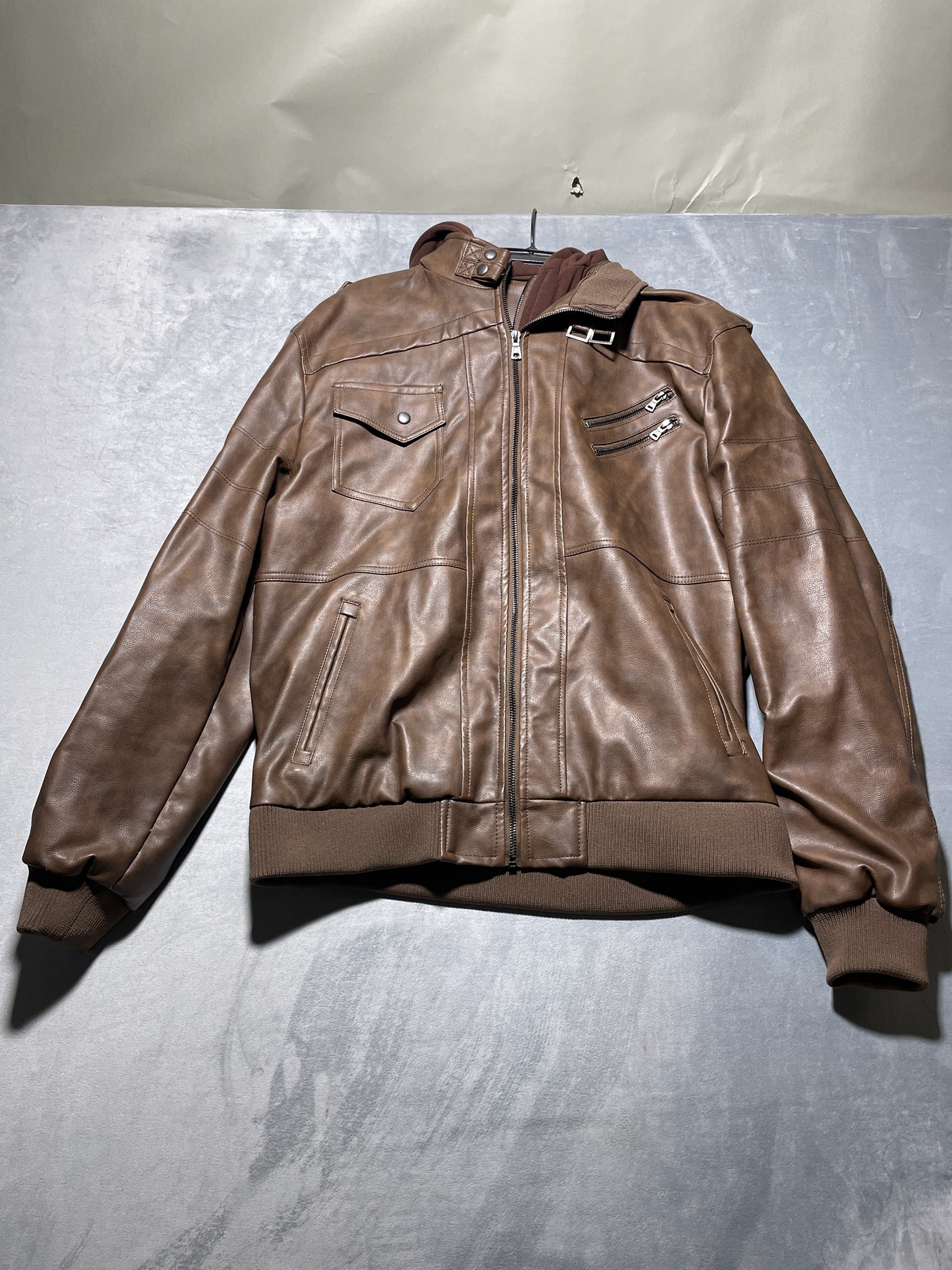 Brown PU Faux Leather Bomber Jacket Size XL