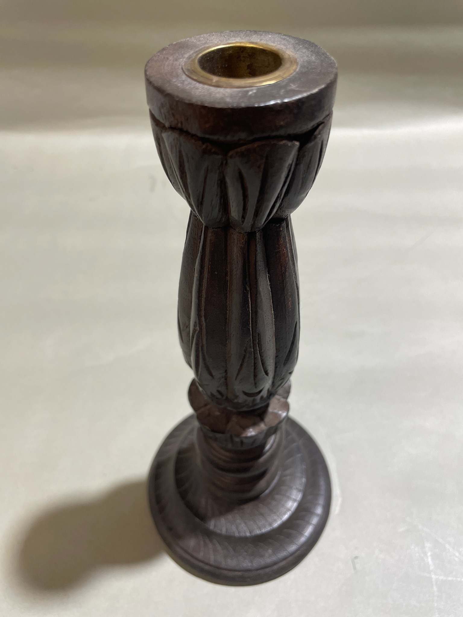 Dark Brown Carved Wooden Candlestick Holder