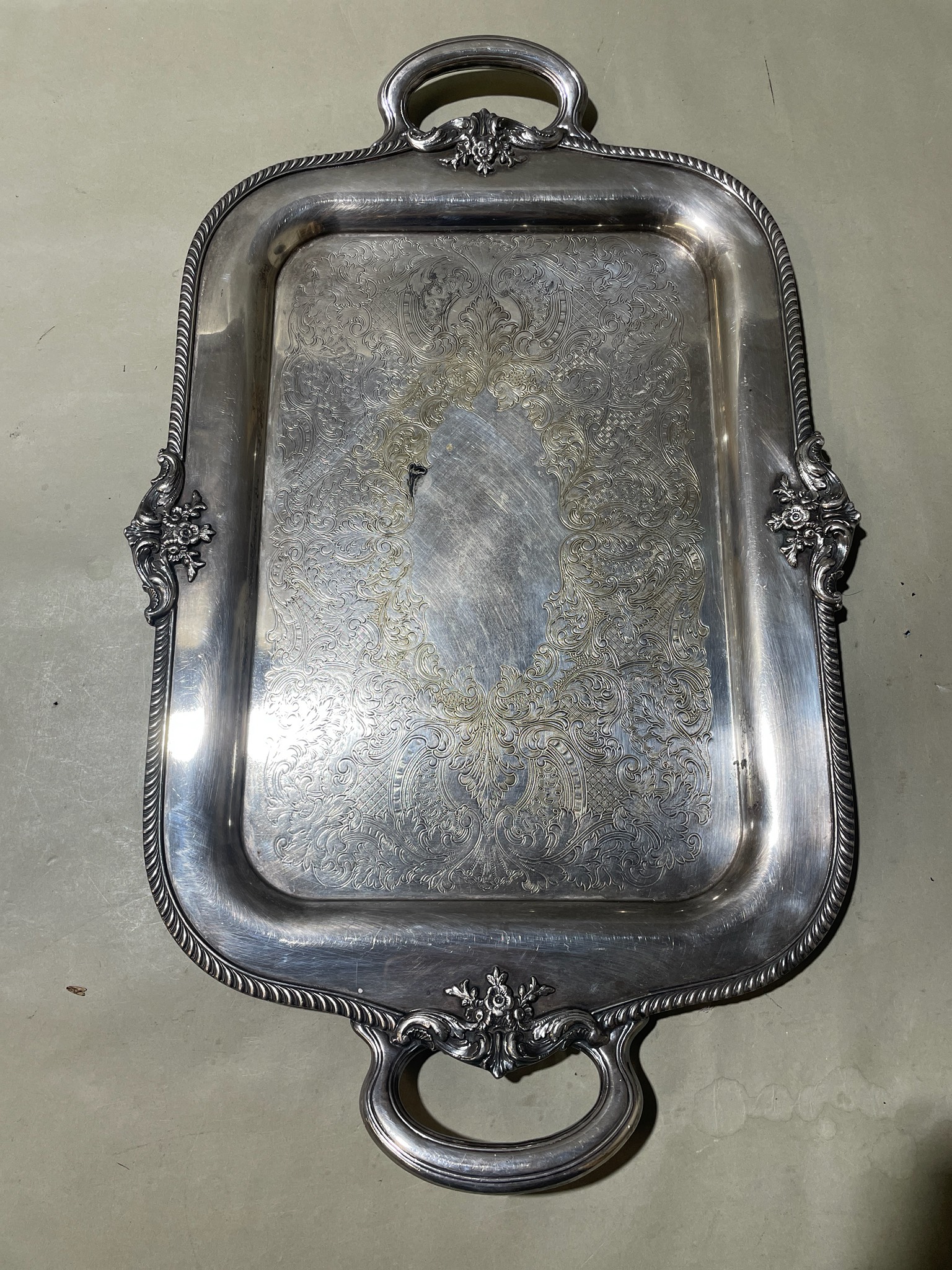Silver Ornate Two Handle Serving Tray