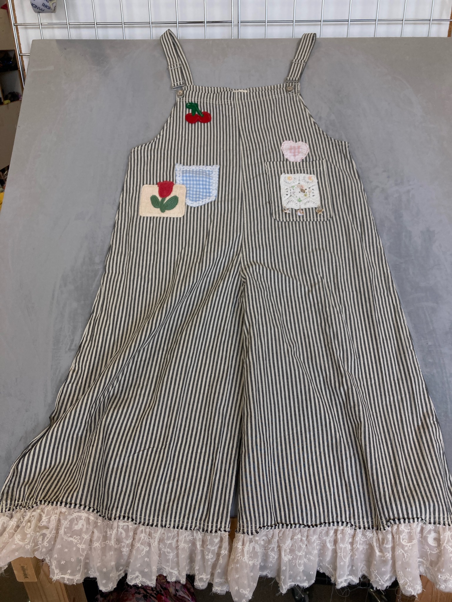 Black and Cream Striped Wide-Leg Overalls Size L