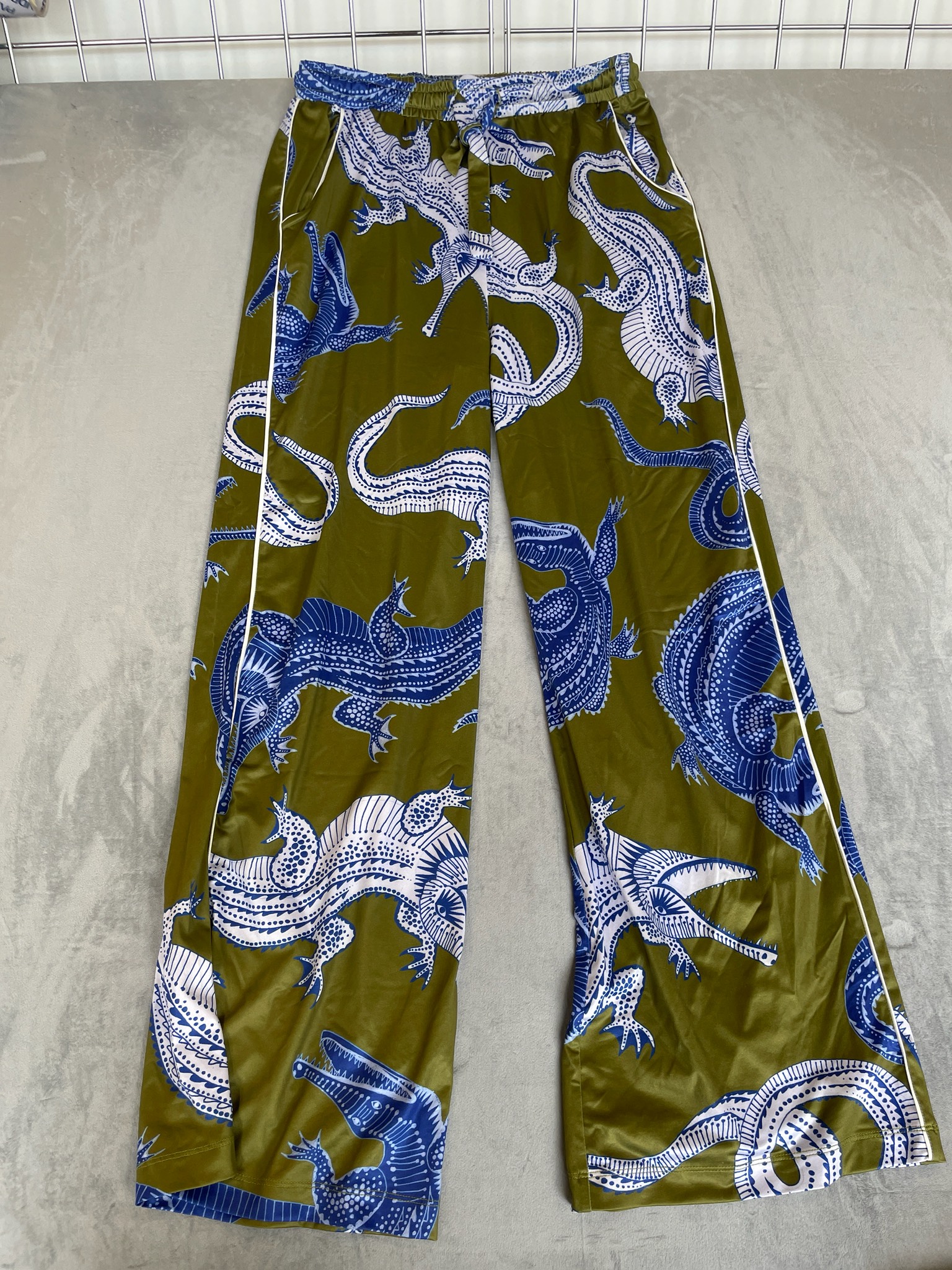 Motel Olive Green Dragon Print Wide-Leg Pants Size M