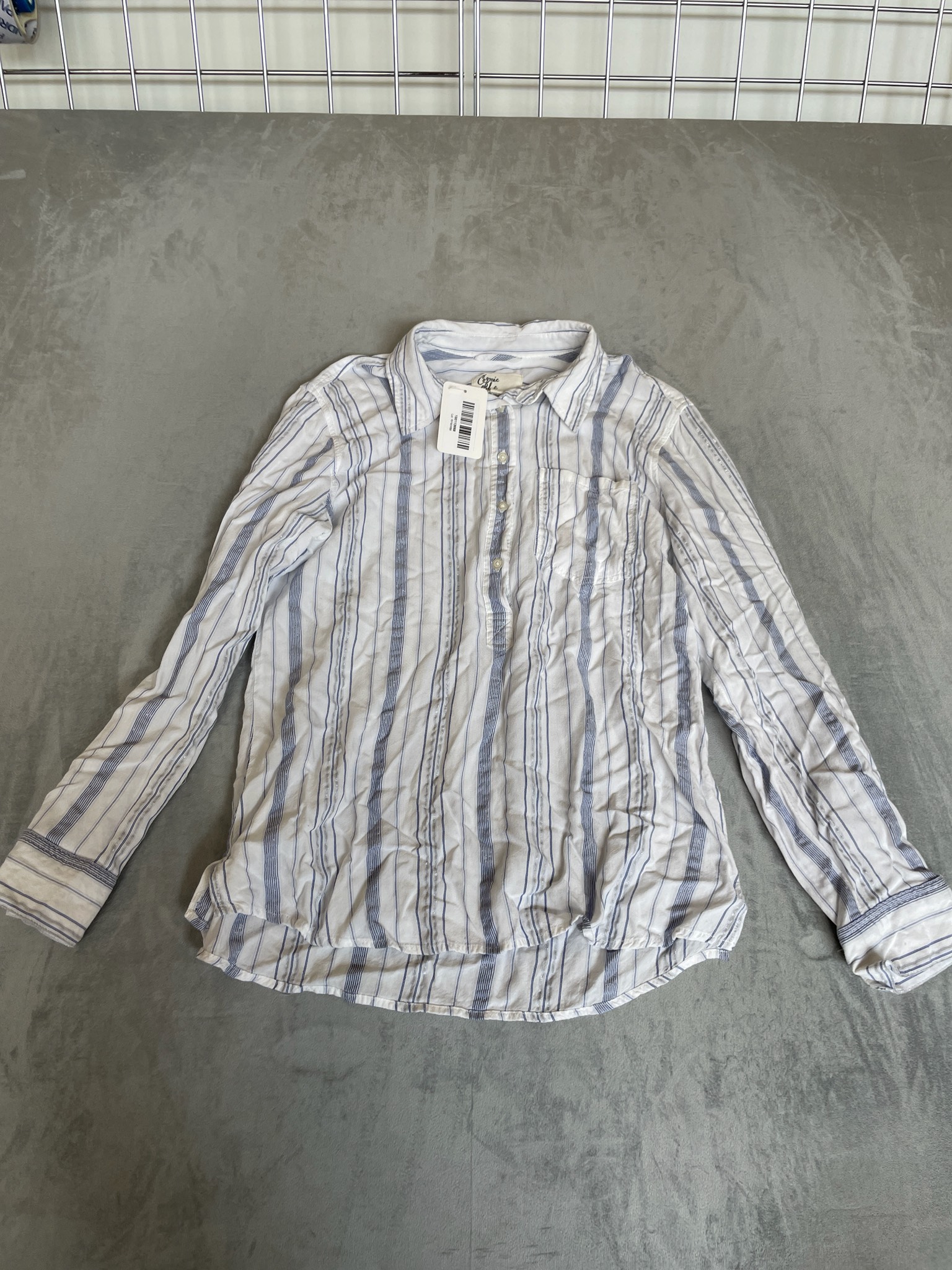 Cosmic Blue Love White Blue Gray Striped Button Front Shirt Size S