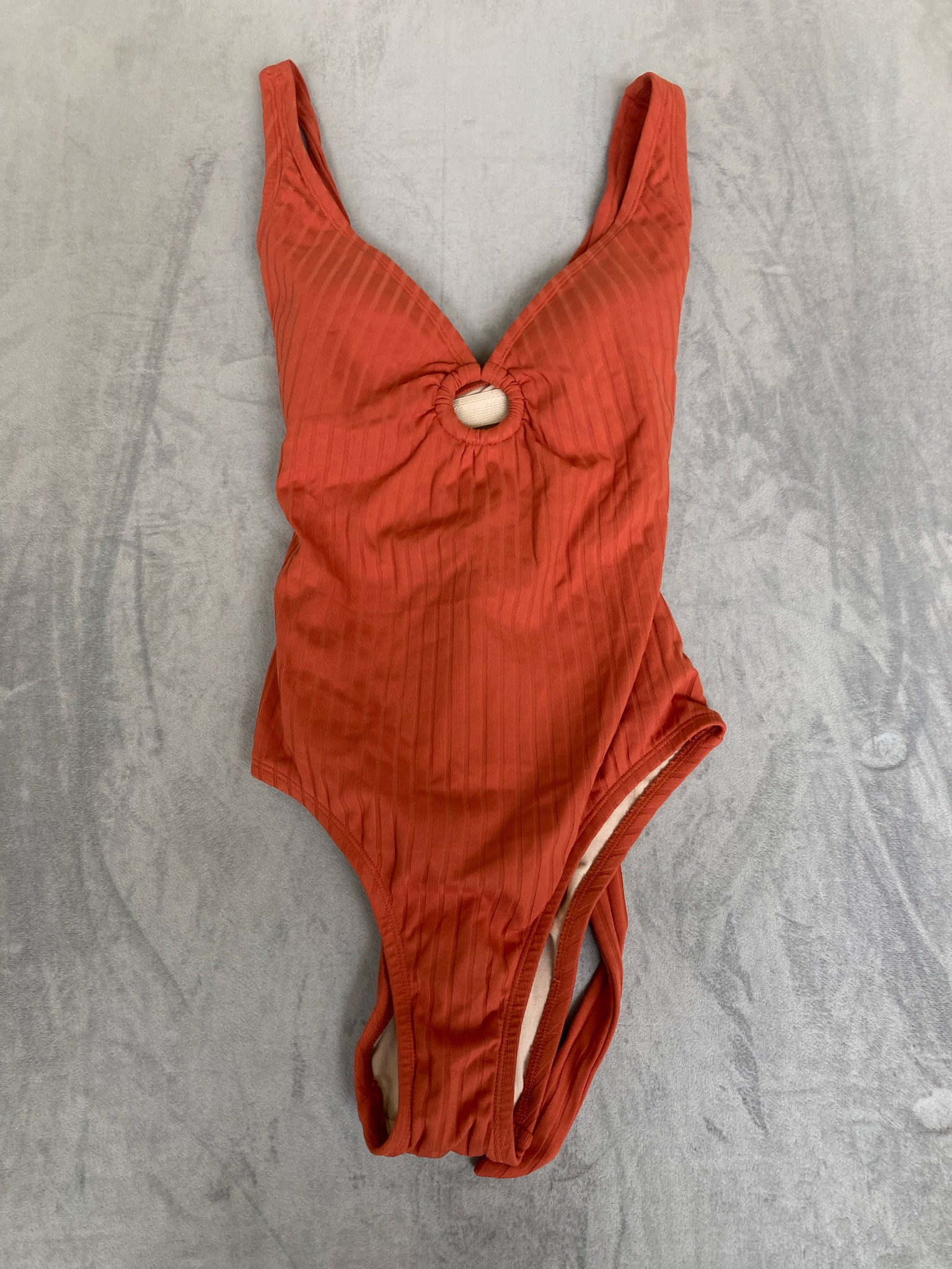 Kona Sol Rust Orange Ribbed One Piece Swimsuit Size M