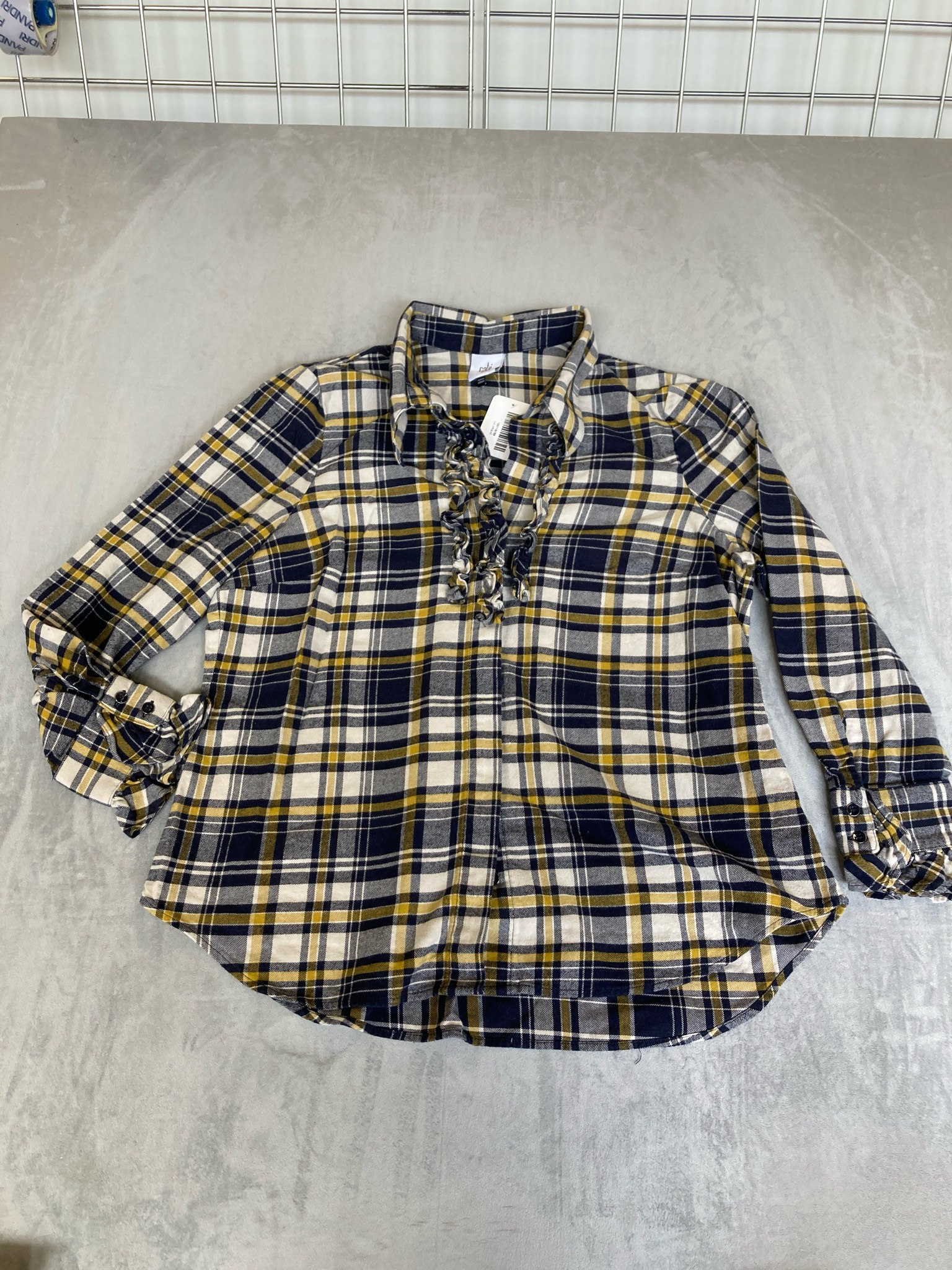 cabi Cream Navy Plaid Woven Blouse Size Large
