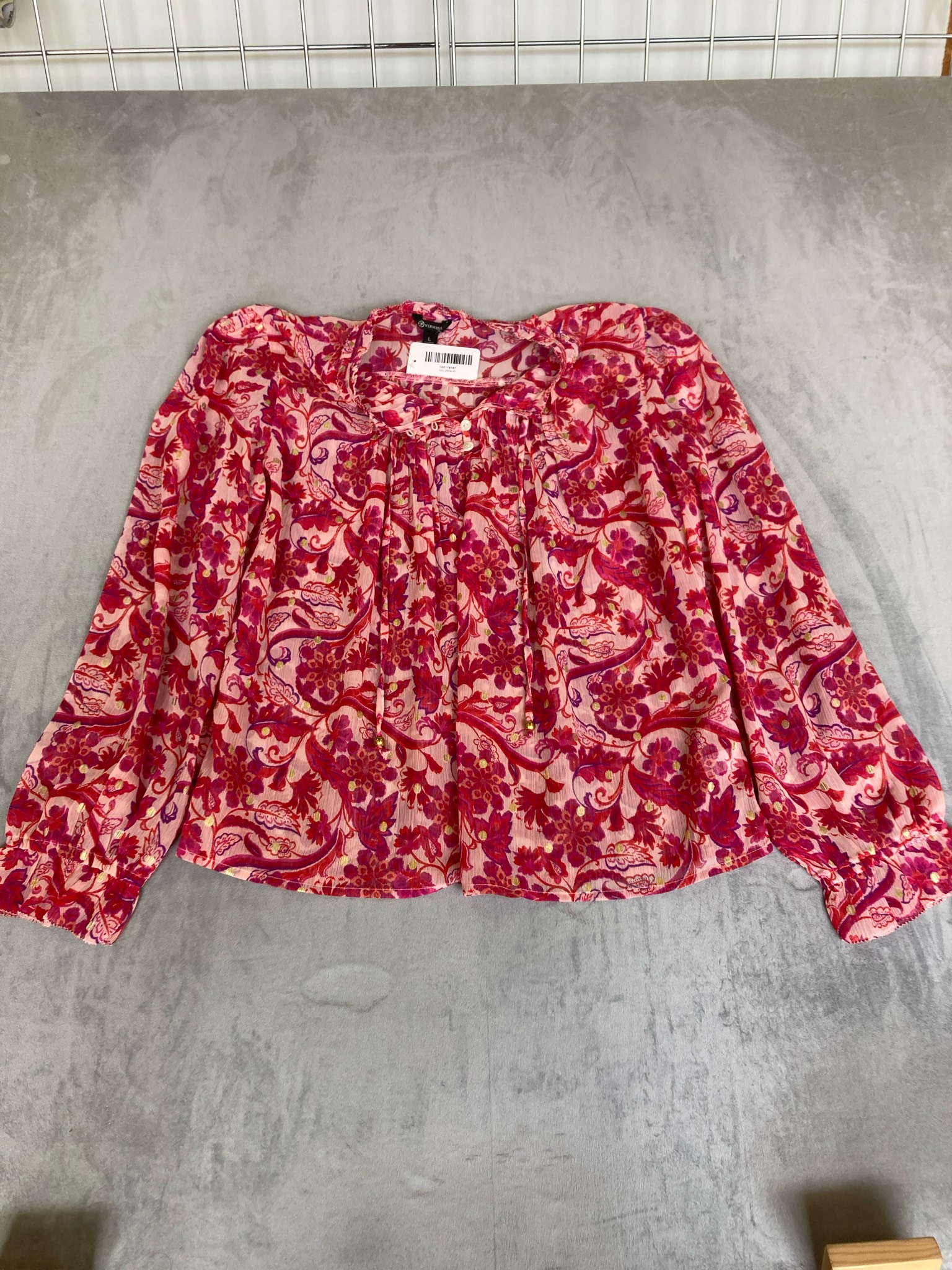 VERSONA Pink Red Paisley Floral Long Sleeve Blouse Size L